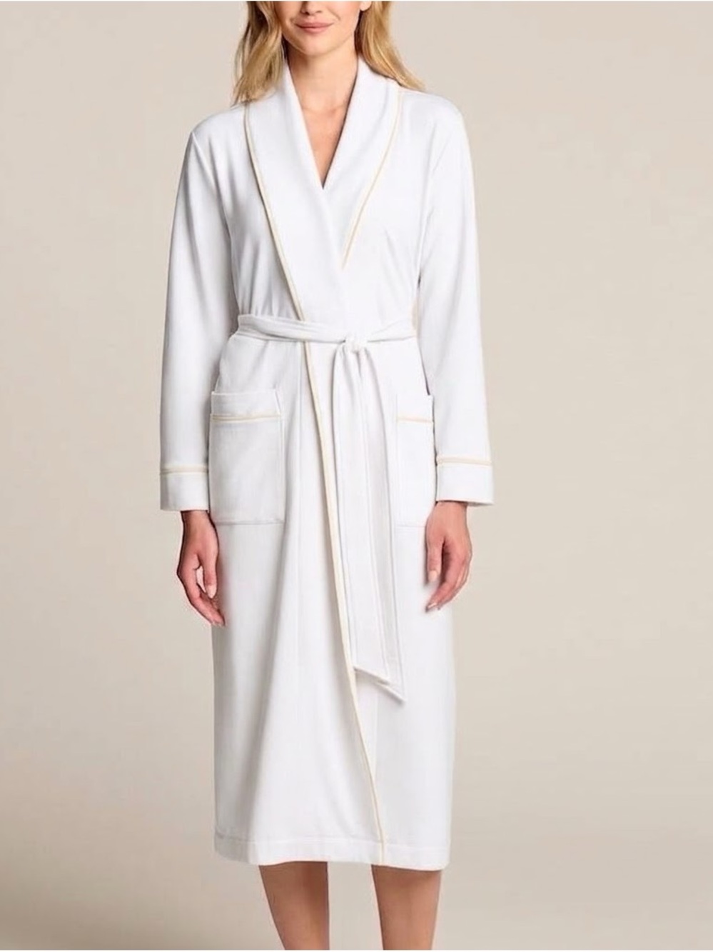 LOVE & LORE Soft Modal Stretch Belted Long Robe White with Cream Pipping | Small